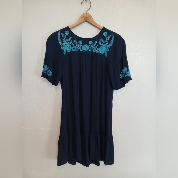 LOFT Navy Blue & Teal Embroidered Floral Drop Waist Dress Size Small - Picture 8 of 8
